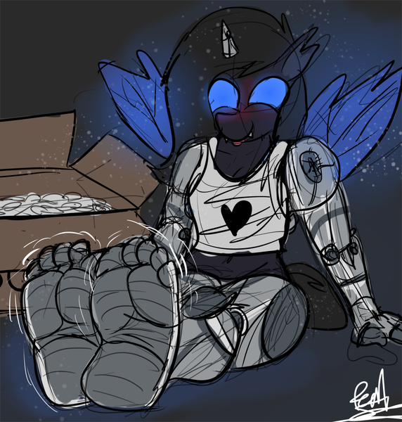 Size: 953x1000 | Tagged: suggestive, artist:fetishsketches, derpibooru import, oc, oc:neona indigoa, unofficial characters only, anthro, changeling, cyborg, commission, digital art, doodle, feet, fetish, foot fetish, image, png, solo