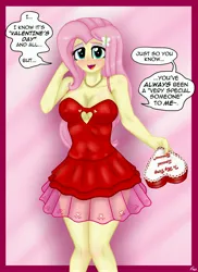 Size: 2975x4092 | Tagged: suggestive, artist:lennondash, derpibooru import, fluttershy, butterfly, human, insect, equestria girls, 2d, ankles, blushing, breasts, busty fluttershy, cleavage, clothes, dialogue, eyeshadow, female, fingernails, g4, hairclip, happy valentines day, heart, holiday, image, jewelry, jpeg, legs, looking at you, makeup, nail polish, necklace, open mouth, pearl necklace, pink background, present, red dress, simple background, skirt, smiling, smiling at you, thighs, valentine's day, word bubble