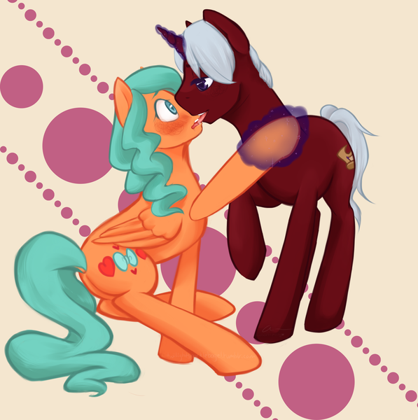 Size: 4580x4600 | Tagged: safe, artist:aisuroma, derpibooru import, oc, oc:aisuroma, oc:phossy, unofficial characters only, pegasus, pony, unicorn, absurd resolution, french kiss, image, kissing, magic, oc x oc, png, shipping, telekinesis