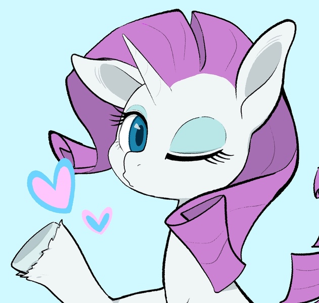 Size: 1557x1480 | Tagged: safe, artist:noupu, derpibooru import, rarity, pony, unicorn, blowing a kiss, bust, female, floating heart, heart, image, jpeg, light blue background, looking at you, mare, one eye closed, simple background, solo, unshorn fetlocks, wink, winking at you
