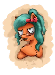 Size: 500x675 | Tagged: safe, artist:aisuroma, artist:thelastphosphonian, derpibooru import, oc, oc:aisuroma, unofficial characters only, pony, annoyed, bow, bust, cigarette, glasses, hair bow, image, png, solo