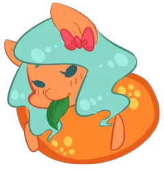 Size: 1329x1393 | Tagged: safe, artist:aisuroma, derpibooru import, oc, oc:aisuroma, ponified, unofficial characters only, food pony, original species, pony, bow, food, hair bow, image, leaf, mouth hold, orange, png, simple background, solo, transparent background