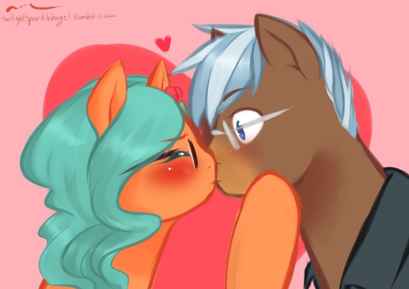 Size: 1280x905 | Tagged: safe, artist:aisuroma, derpibooru import, oc, oc:aisuroma, unofficial characters only, pony, bust, clothes, glasses, heart, image, jpeg, kiss on the lips, kissing, portrait