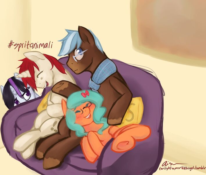 Size: 1280x1083 | Tagged: safe, artist:aisuroma, derpibooru import, oc, oc:aisuroma, oc:any pony, unofficial characters only, earth pony, pegasus, pony, unicorn, couch, glasses, image, jpeg, laughing, lying down, on back, shrug, sitting
