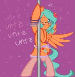 Size: 891x915 | Tagged: safe, artist:aisuroma, derpibooru import, oc, oc:aisuroma, unofficial characters only, pegasus, pony, blushing, clothes, cute, glasses, image, panties, png, pole dancing, socks, solo, stockings, stripper pole, thigh highs, underwear