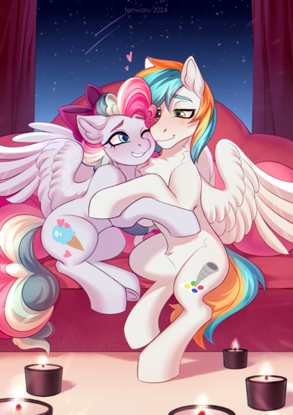 Size: 2480x3508 | Tagged: safe, artist:fenwaru, derpibooru import, oc, oc:sky sorbet, oc:twister joy, unofficial characters only, pegasus, pony, belly fluff, bow, candle, couch, couple, cuddling, cute, duo, duo male and female, female, hair bow, image, looking at each other, looking at someone, male, mare, pegasus oc, png, smiling, stallion, stars, wings