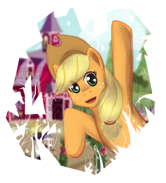 Size: 900x988 | Tagged: safe, artist:aisuroma, derpibooru import, applejack, earth pony, pony, applejack's hat, breaking the fourth wall, cowboy hat, female, hat, image, mare, png, simple background, solo, sweet apple acres barn, transparent background, waving