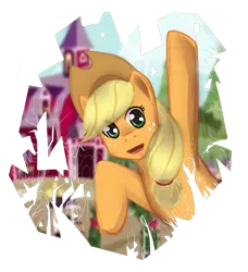 Size: 900x988 | Tagged: safe, artist:aisuroma, derpibooru import, applejack, earth pony, pony, applejack's hat, breaking the fourth wall, cowboy hat, female, hat, image, mare, png, simple background, solo, sweet apple acres barn, transparent background, waving