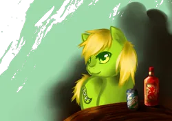 Size: 1024x717 | Tagged: safe, artist:aisuroma, derpibooru import, oc, oc:sierra mist, unofficial characters only, earth pony, pony, alcohol, drink, image, png, soda can, solo, sprite (drink), table, turned head