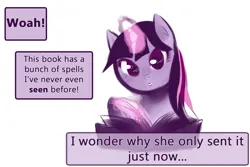 Size: 1280x854 | Tagged: safe, artist:aisuroma, derpibooru import, twilight sparkle, pony, unicorn, book, bust, clueless, female, glow, glowing horn, grin, horn, image, mare, png, simple background, smiling, solo, speech bubble, white background