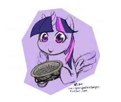 Size: 982x826 | Tagged: safe, artist:aisuroma, derpibooru import, twilight sparkle, twilight sparkle (alicorn), alicorn, pony, blushing, bust, female, holding, image, mare, open mouth, open smile, png, sieve, smiling, solo