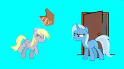 Size: 1076x601 | Tagged: safe, screencap, derpy hooves, trixie, pegasus, pony, unicorn, series:mlp animation's short films, series:pizza meal, angry, duo, duo female, female, food, image, jpeg, pizza