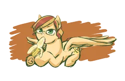 Size: 2328x1514 | Tagged: safe, artist:aisuroma, derpibooru import, oc, unofficial characters only, pegasus, pony, banana, eating, food, glasses, image, lying down, png, prone, simple background, solo, transparent background