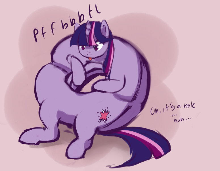 Size: 1280x991 | Tagged: safe, artist:aisuroma, derpibooru import, twilight sparkle, ponified, food pony, original species, pony, unicorn, :p, bagel, bread, dialogue, food, image, lying down, on back, png, raspberry, solo, tongue out