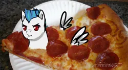 Size: 1280x699 | Tagged: safe, artist:aisuroma, derpibooru import, oc, oc:saberspark, ponified, unofficial characters only, food pony, original species, pegasus, pony, analysis bronies, food, image, jpeg, pizza, solo