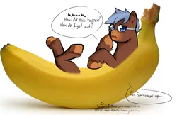 Size: 1280x831 | Tagged: safe, artist:aisuroma, derpibooru import, oc, oc:any pony, ponified, unofficial characters only, earth pony, food pony, original species, pony, analysis bronies, banana, food, image, png, solo, speech bubble