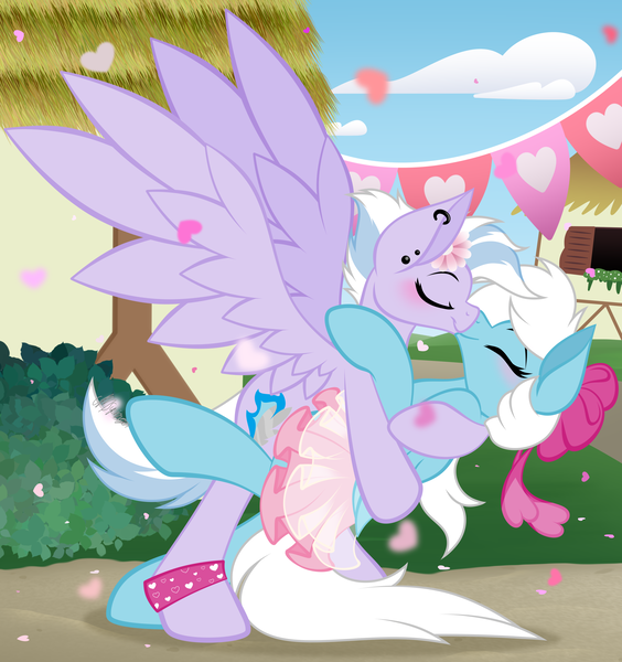 Size: 3600x3830 | Tagged: safe, artist:feather_bloom, derpibooru import, oc, oc:feather bloom(fb), oc:silver haze(kaitykat), unofficial characters only, pegasus, pony, anklet, banner, blushing, bow, clothes, cloud, confetti, ear piercing, earring, eyes closed, female, festival, flower, flower in hair, folded wings, hair bow, heart, hearts and hooves day, holding, holding a pony, holiday, image, jewelry, kissing, lesbian, looking at each other, looking at someone, love, pegasus oc, piercing, png, romantic, skirt, smiling, smiling at each other, spread wings, tutu, valentine, valentine's day, wings