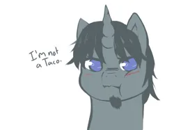 Size: 1197x895 | Tagged: safe, artist:aisuroma, derpibooru import, oc, unofficial characters only, pony, unicorn, :t, annoyed, blushing, bust, dialogue, facial hair, goatee, image, no pupils, png, portrait, simple background, solo, white background