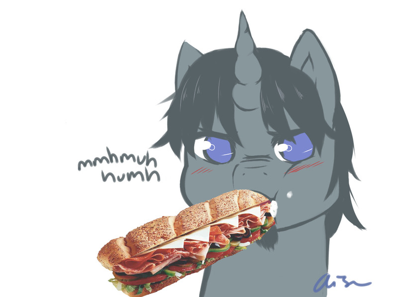 Size: 1197x894 | Tagged: safe, artist:aisuroma, derpibooru import, oc, unofficial characters only, pony, unicorn, annoyed, blushing, bust, facial hair, food, goatee, image, jpeg, no pupils, not porn, portrait, sandwich, sandwich censorship, simple background, solo, white background