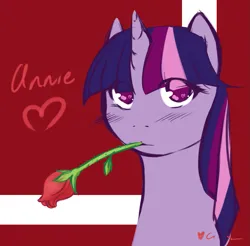 Size: 1239x1220 | Tagged: safe, artist:aisuroma, derpibooru import, twilight sparkle, pony, unicorn, bust, eye clipping through hair, female, flower, image, looking at you, mare, mouth hold, png, portrait, rose, solo, valentine's day card