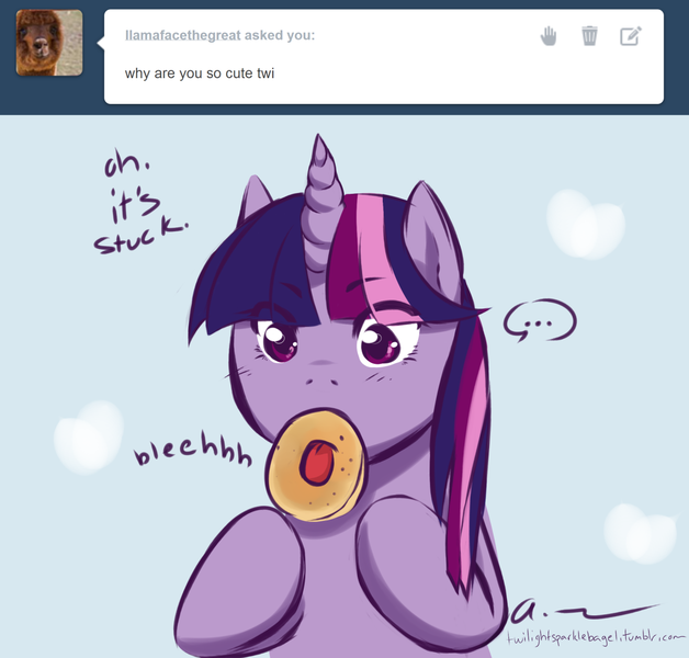 Size: 1280x1222 | Tagged: safe, artist:aisuroma, derpibooru import, twilight sparkle, pony, unicorn, ..., ask, bagel, bread, bust, food, image, png, solo, stuck, tongue out