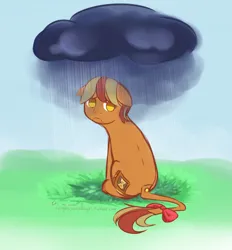 Size: 1280x1380 | Tagged: safe, artist:aisuroma, derpibooru import, oc, oc:past analysis, unofficial characters only, earth pony, pony, image, jpeg, looking back, rain, sad, sitting, solo, stormcloud