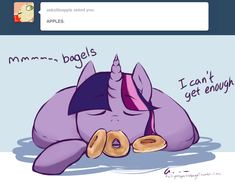 Size: 2263x1764 | Tagged: safe, artist:aisuroma, derpibooru import, twilight sparkle, ponified, food pony, original species, pony, unicorn, ask, bagel, bread, dialogue, eating, eyes closed, food, image, lying down, png, prone, solo