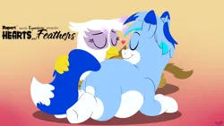 Size: 3840x2160 | Tagged: safe, artist:rupert, derpibooru import, edit, gilda, oc, oc:rupert the blue fox, earth pony, fox, fox pony, gryphon, hybrid, pony, butt, canon x oc, chubby, cute, eyes closed, facing each other, female, g4, gildadorable, gradient background, heart, image, lineless, love, lying down, male, male and female, ocbetes, plot, png, prehensile tail, prone, rupertbetes, ship:rupilda, shipping, smiling, story:hearts and feathers, straight, tail, tail hold, wallpaper, wallpaper edit