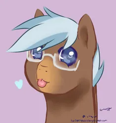 Size: 1024x1089 | Tagged: safe, artist:aisuroma, derpibooru import, oc, oc:any pony, unofficial characters only, earth pony, pony, :p, bust, colored pupils, glasses, heart, image, png, portrait, simple background, solo, tongue out