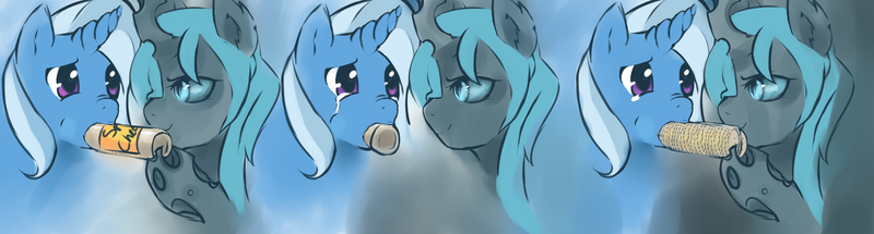 Size: 9207x2480 | Tagged: safe, artist:aisuroma, derpibooru import, trixie, oc, oc:choko, changeling, pony, unicorn, absurd resolution, crackers, female, food, image, mare, png, stuffing, teary eyes, wat