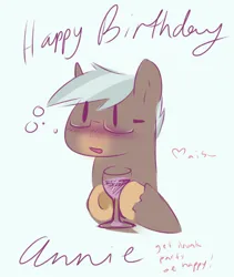 Size: 1280x1517 | Tagged: safe, artist:aisuroma, derpibooru import, oc, oc:any pony, unofficial characters only, earth pony, pony, bust, drunk, glass, happy birthday, holding, image, png, portrait, simple background, solo, white background, wine glass