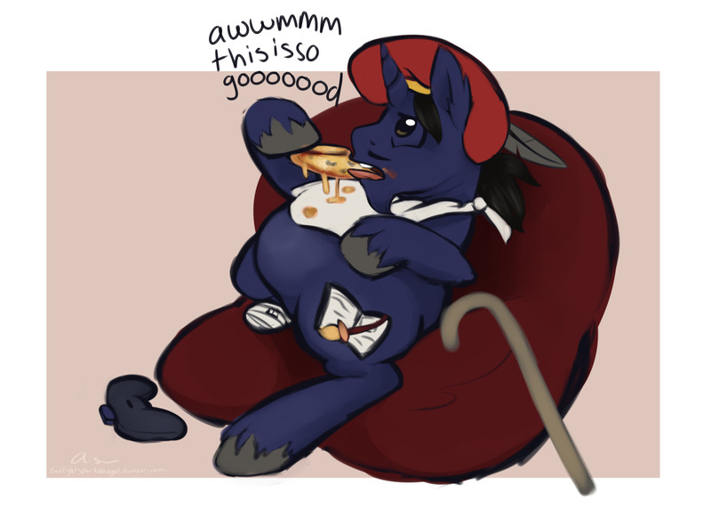 Size: 1280x957 | Tagged: safe, artist:aisuroma, derpibooru import, oc, unofficial characters only, pony, unicorn, beanbag chair, bronycurious, cane, dialogue, eating, fat, food, image, jpeg, pizza, sitting, solo