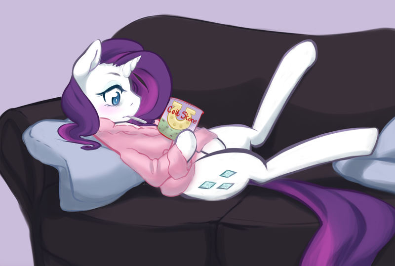 Size: 7075x4764 | Tagged: questionable, artist:aisuroma, derpibooru import, rarity, pony, unicorn, absent mindedly masturbating, absurd resolution, bathrobe, blushing, clothes, couch, female, food, g4, ice cream, image, mare, masturbation, png, robe, solo, solo female