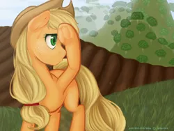 Size: 8000x6000 | Tagged: safe, artist:aisuroma, derpibooru import, applejack, oc, unofficial characters only, earth pony, pony, absurd file size, absurd resolution, applejack's hat, cowboy hat, female, hat, hoof on head, image, jpeg, mare, missing cutie mark, solo, sweat, underhoof, wiping