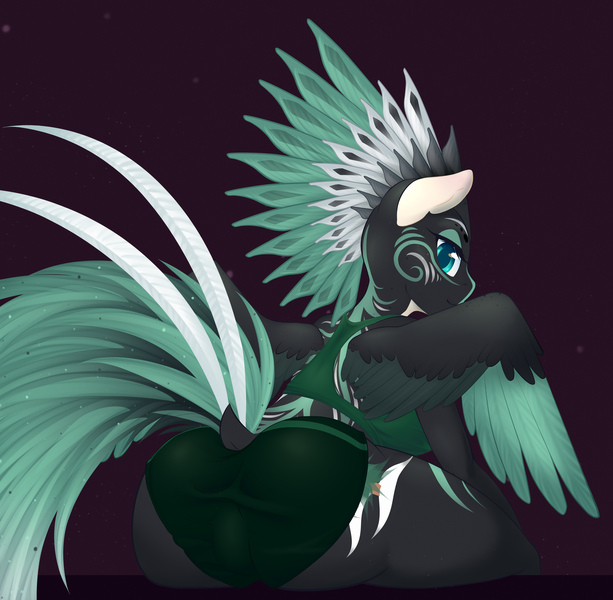 Size: 4750x4650 | Tagged: questionable, artist:aisuroma, derpibooru import, oc, oc:alpine apotheon, unofficial characters only, pegasus, pony, absurd resolution, black coat, breasts, clothes, colored wings, feathered mane, gym uniform, image, jpeg, looking at you, running outfit, two toned wings, wings
