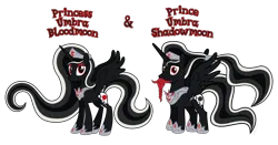 Size: 7260x3810 | Tagged: safe, anonymous artist, derpibooru import, oc, oc:prince umbra shadowmoon, oc:princess umbra bloodmoon, unofficial characters only, alicorn, pony, absurd resolution, alicorn oc, beard, braid, braided beard, braided goatee, brother, brother and sister, crown, ethereal mane, ethereal tail, eyebrows, eyelashes, facial hair, family, female, g4, gem, goatee, happy, hoof shoes, horn, image, jewelry, looking, looking at you, male, mare, moustache, name, offspring, parent:oc:crown prince zenith sunshine, parent:oc:crown princess perigee moonshine, parents:oc:crown princest, png, prince, princess, product of incest, regalia, royalty, show accurate, siblings, simple background, sister, spread wings, stallion, standing, tail, text, transparent background, twins, vector, wall of tags, wings