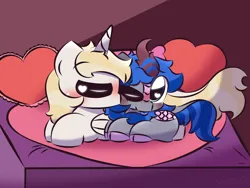 Size: 3200x2400 | Tagged: safe, artist:cushyhoof, derpibooru import, oc, oc:ravyn moonchild, oc:space, alicorn, kirin, pony, 4:3, :p, bed, blushing, cuddling, cute, gay, high res, holiday, image, kirin oc, kissing, male, phone drawing, png, size difference, tongue out, valentine's day
