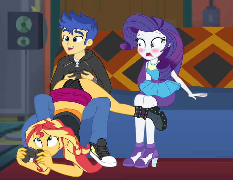 Size: 3708x2872 | Tagged: suggestive, alternate version, artist:gmaplay, derpibooru import, flash sentry, rarity, sunset shimmer, human, equestria girls, ass, bent over, bunset shimmer, butt, challenge, clothes, face down ass up, female, flashimmer, g4, gaming, high res, image, male, meta, pajamas, png, seduction, seductive, seductive look, seductive pose, shipping, simple background, straight, sunset's apartment, transparent background, twitter
