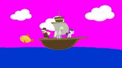 Size: 1080x605 | Tagged: safe, screencap, applejack, derpy hooves, rumble, earth pony, fish, pegasus, pony, series:mlp animation's short films, series:sailors away, boat, image, jpeg, sailing