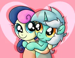 Size: 2263x1743 | Tagged: safe, artist:background basset, derpibooru import, bon bon, lyra heartstrings, sweetie drops, earth pony, pony, unicorn, female, hearts and hooves day, hug, image, lesbian, lyrabon, png, shipping, simple background, smiling