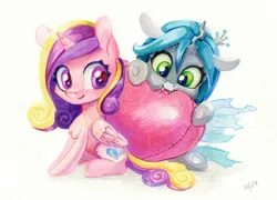 Size: 1664x1200 | Tagged: safe, artist:maytee, derpibooru import, princess cadance, queen chrysalis, alicorn, changeling, changeling queen, pony, chibi, colored pencil drawing, duo, female, filly, filly cadance, filly queen chrysalis, foal, g4, heart, image, nom, png, traditional art, watercolor painting, younger