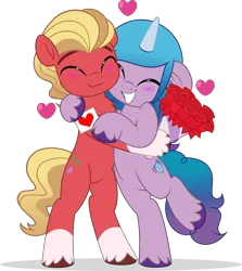 Size: 4451x5000 | Tagged: safe, artist:jhayarr23, derpibooru import, izzy moonbow, sprout cloverleaf, earth pony, pony, unicorn, g5, bipedal, blushing, bouquet of flowers, card, commission, commissioner:puffydearlysmith, cute, female, floating heart, floppy ears, flower, g4, g5 to g4, generation leap, heart, holiday, hug, image, izzybetes, izzysprout, male, mare, png, rose, shipping, simple background, smiling, sproutbetes, stallion, straight, transparent background, valentine's day, ych result