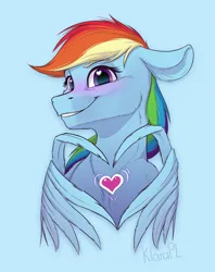 Size: 2007x2533 | Tagged: safe, artist:klarapl, derpibooru import, rainbow dash, pegasus, pony, blue background, blushing, female, heart, high res, holiday, image, mare, png, simple background, solo, valentine's day, wing hands, wings