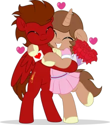 Size: 4420x5000 | Tagged: safe, artist:jhayarr23, derpibooru import, oc, oc:heroic armour, oc:slide fortissimo, unofficial characters only, pegasus, pony, unicorn, bipedal, clothes, commission, crossdressing, dress, flower, gay, heart, hug, image, male, png, simple background, smiling, stallion, transparent background, ych result