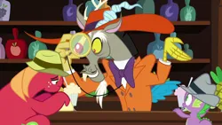 Size: 1280x720 | Tagged: safe, derpibooru import, screencap, big macintosh, discord, spike, draconequus, dragon, earth pony, pony, g4, image, male, monocle, png, smiling, zoot suit