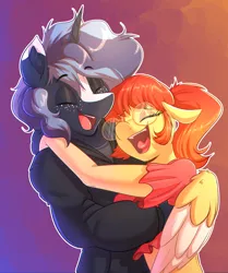 Size: 2584x3096 | Tagged: safe, artist:witchtaunter, derpibooru import, anthro, clothes, couple, freckles, glasses, holiday, hoodie, hug, image, laughing, open mouth, png, valentine's day