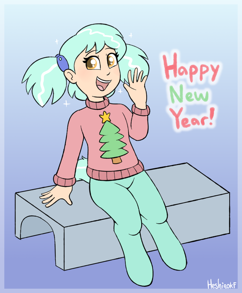 Size: 1398x1694 | Tagged: safe, artist:heretichesh, derpibooru import, oc, oc:hope, unofficial characters only, satyr, bench, christmas, christmas sweater, clothes, female, gradient background, happy new year, happy new year 2023, holiday, image, looking at you, new year, offspring, old art, open mouth, open smile, parent:lyra heartstrings, png, signature, sitting, smiling, smiling at you, solo, sweater, text, waving, waving at you