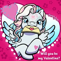Size: 2400x2400 | Tagged: safe, artist:sparkytopia, derpibooru import, part of a set, star catcher, pegasus, pony, g3, cute, facial markings, happy, heart, holiday, image, looking at you, png, signature, smiling, solo, spread wings, text, valentine's day, valentine's day card, white coat, wings