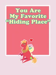 Size: 2160x2880 | Tagged: safe, anonymous artist, derpibooru import, big macintosh, fluttershy, earth pony, pegasus, pony, series:fm holidays, alternate hairstyle, cartoon physics, female, floating heart, fluttermac, g4, heart, hiding, high res, holiday, image, looking at each other, looking at someone, male, mare, pink background, png, pointy ponies, shipping, short mane, simple background, smiling, smiling at each other, stallion, straight, text, valentine's day, valentine's day card