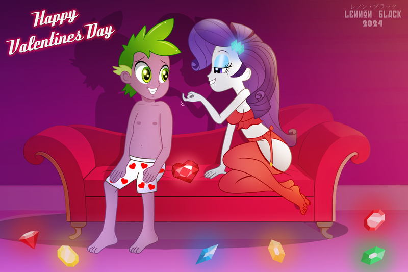 Size: 2000x1333 | Tagged: suggestive, artist:lennonblack, derpibooru import, rarity, spike, equestria girls, boxers, bra, clothes, female, fire ruby, garter belt, gem, holiday, image, male, older, panties, png, ruby, shipping, socks, sparity, stockings, straight, thigh highs, underwear, valentine's day